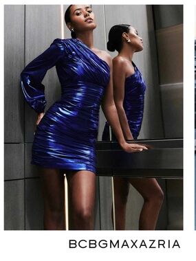 NWOT BCBGMaxAzria Metallic Cobalt Blue Purple One-Shoulder Ruched Mini Dress